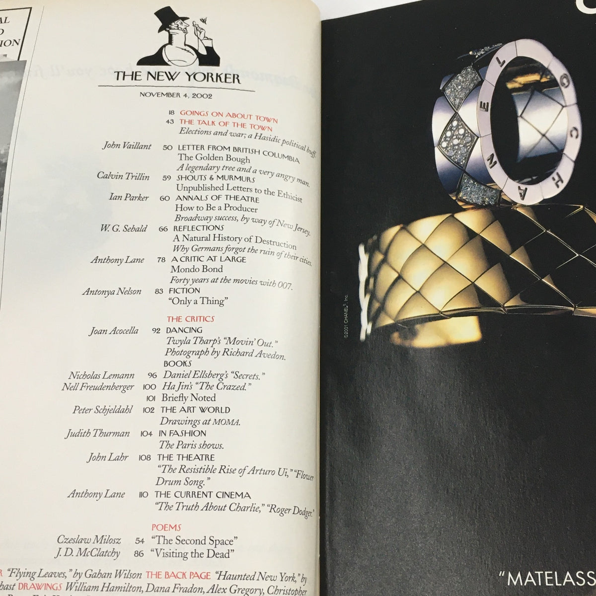 Table of contents from The New Yorker Full Magazine November 4, 2002, featuring articles by various authors and illustrations including 'Flying Leaves' by Gahan Wilson.