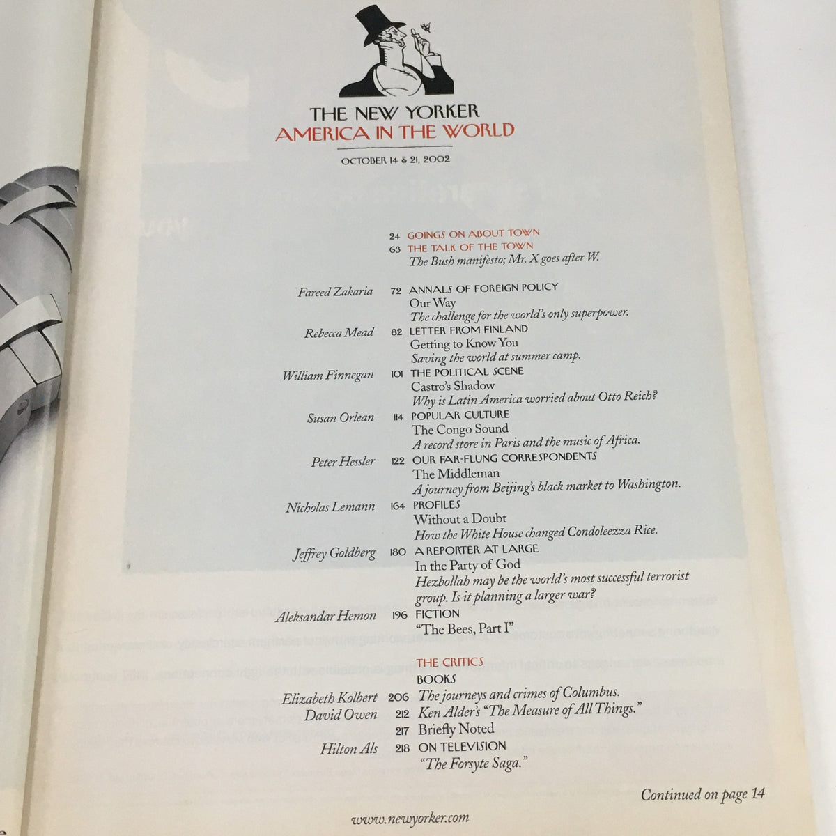 Contents page of The New Yorker Full Magazine October 14 2002, showcasing articles and features from that issue, including titles and authors.