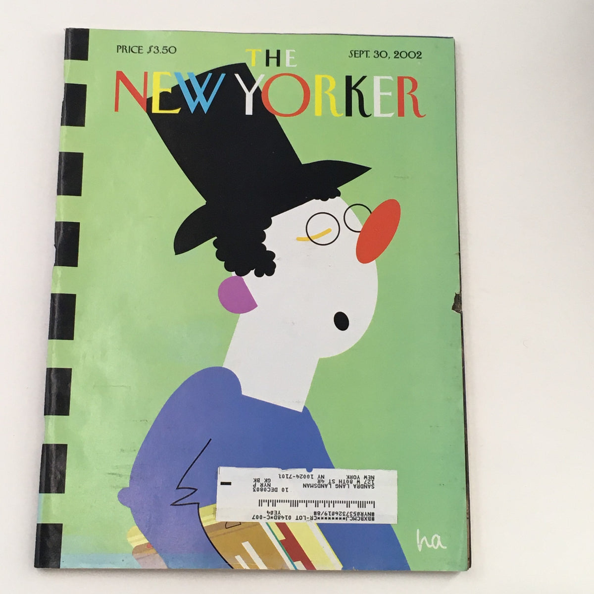 Cover of The New Yorker Full Magazine September 30, 2002 featuring colorful artwork with a character in a top hat and a red nose, showcasing the article 'Booksnob' by Bob Zoell.