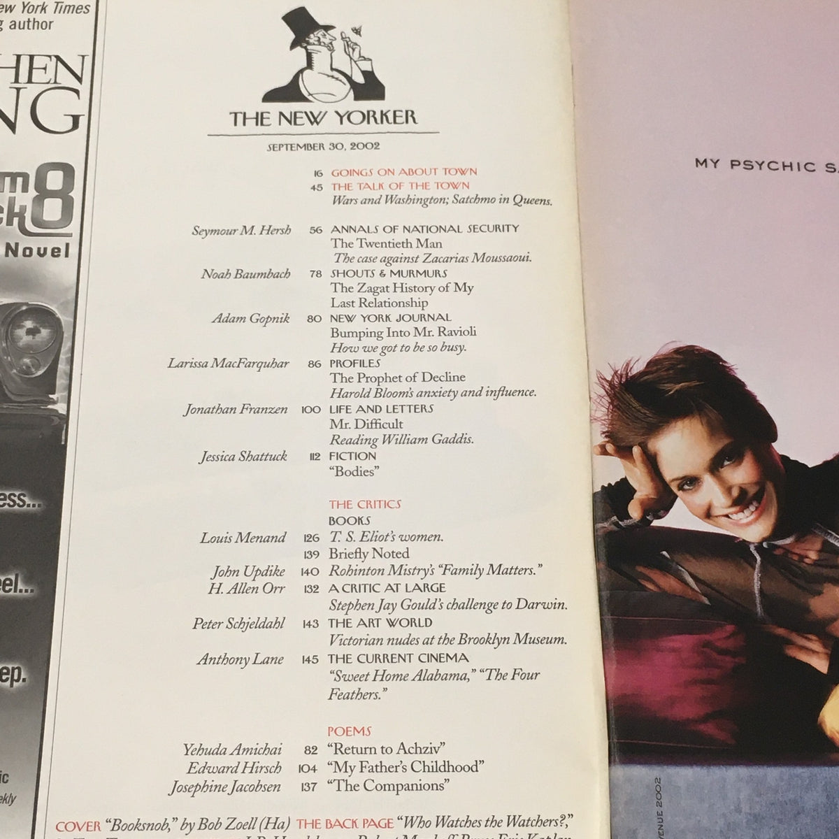 Cover page of The New Yorker magazine from September 30, 2002, featuring the title and various article highlights including 'Booksnob' by Bob Zoell.