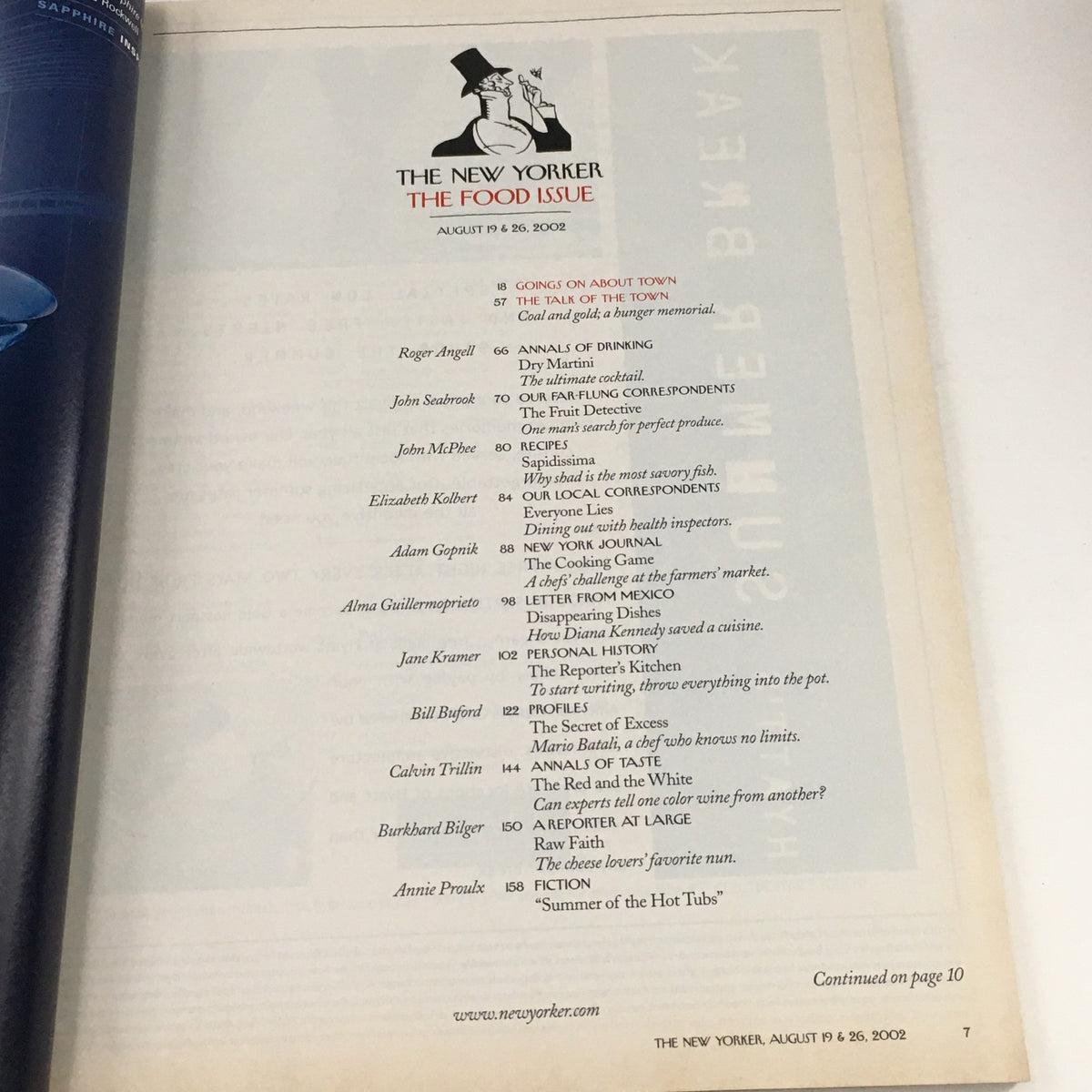 Contents page of The New Yorker August 19 2002 showcasing articles and features from the Food Issue.