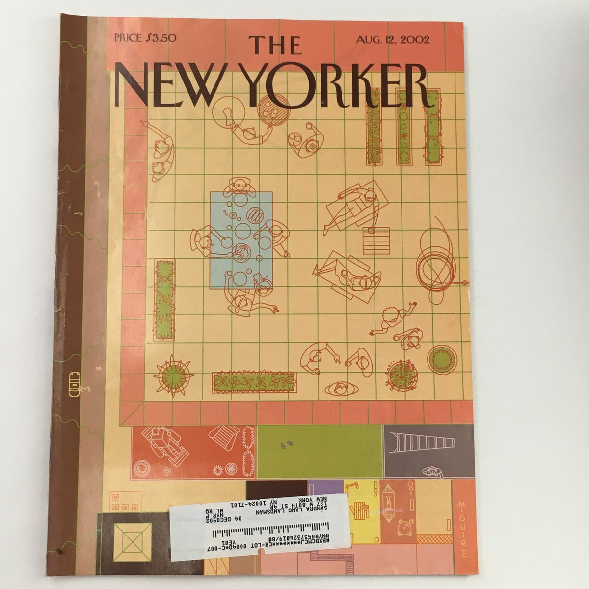 The New Yorker Full Magazine August 12 2002 featuring Bird's Eye View artwork by Richard McGuire, showcasing an aerial perspective of illustrated outdoor furniture and spaces on the cover.