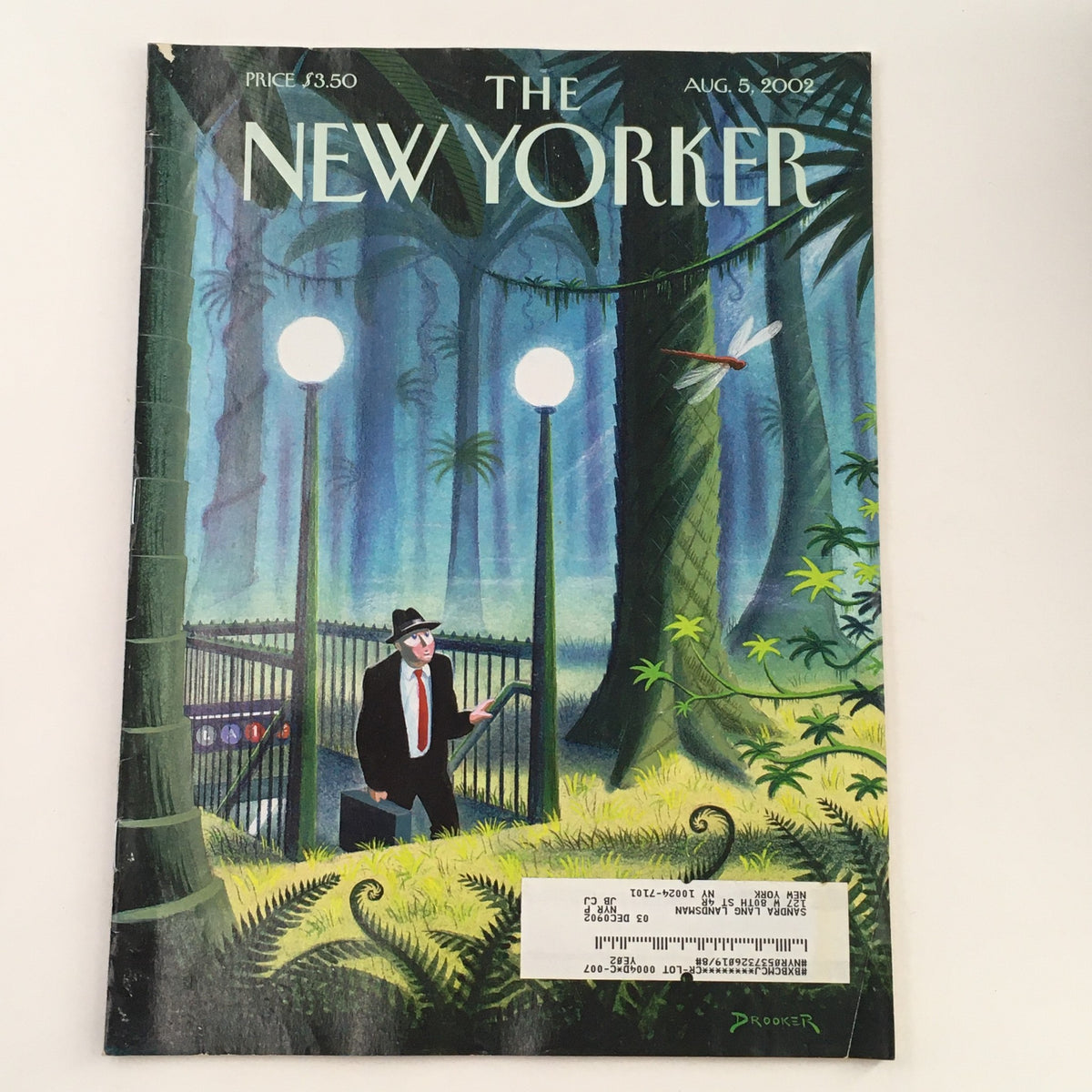 Cover of The New Yorker Full Magazine August 5 2002, featuring the illustration 'Stock Shock' by Eric Drooker, depicting a man in a suit with a gate and lush greenery in the background.