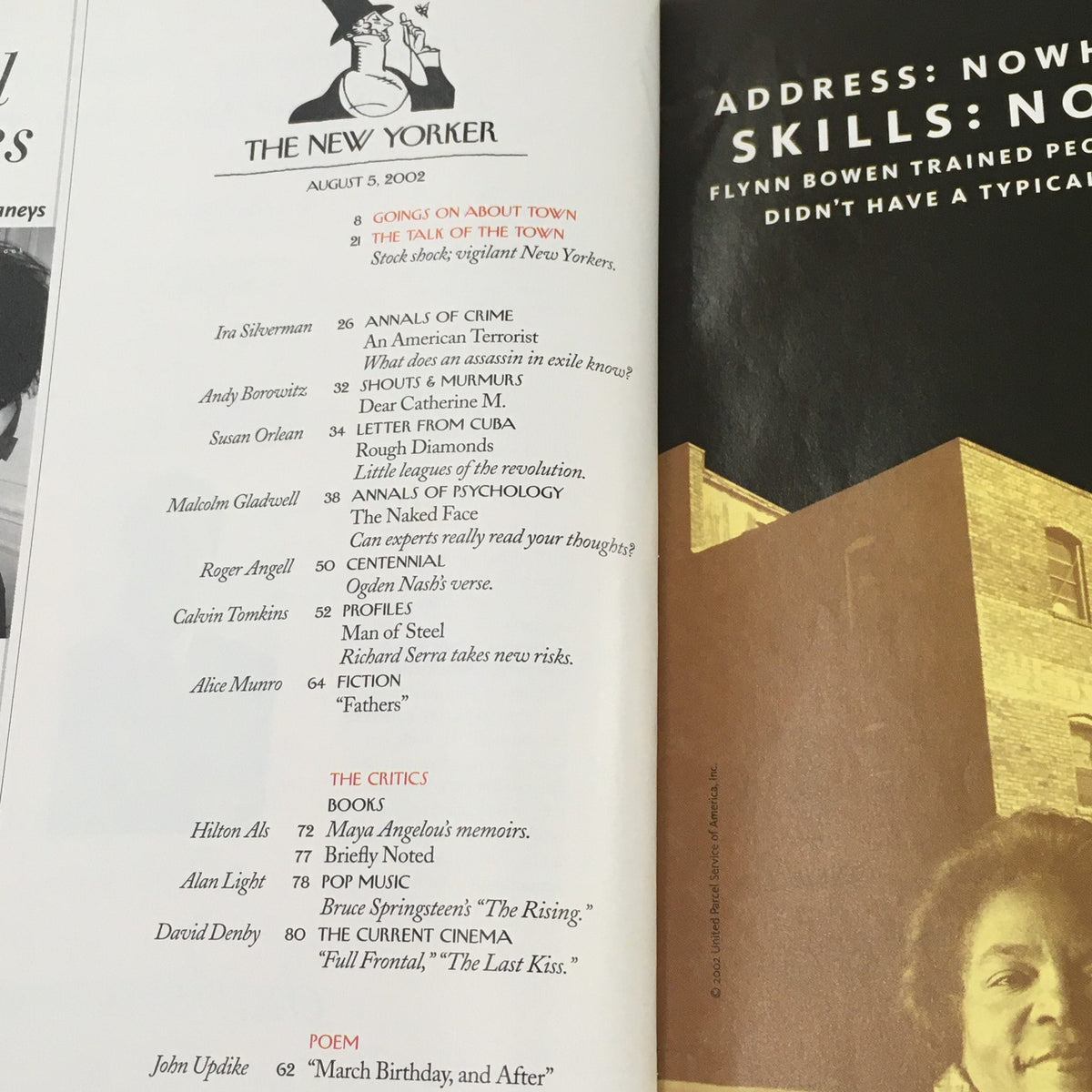 Table of contents page from The New Yorker Full Magazine August 5 2002, listing featured articles and contributors, showcasing the publication's editorial style and content variety.