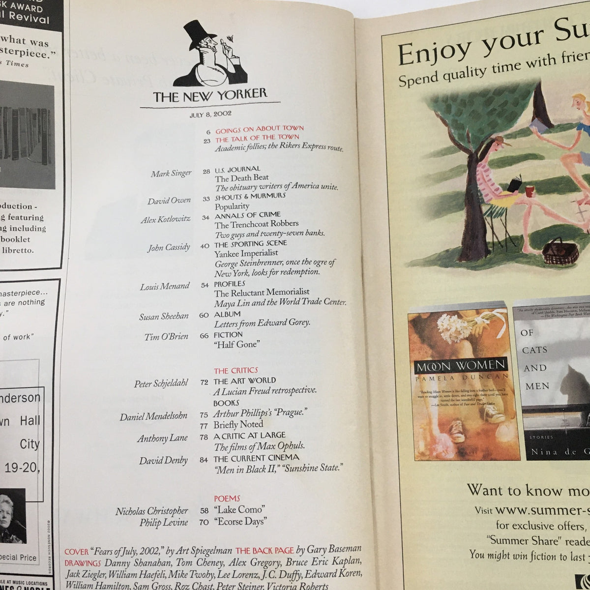 The New Yorker Full Magazine July 8 2002 contents page showcasing articles and features, including references to various writers, with a highlighted focus on the magazine's artistic and journalistic integrity.