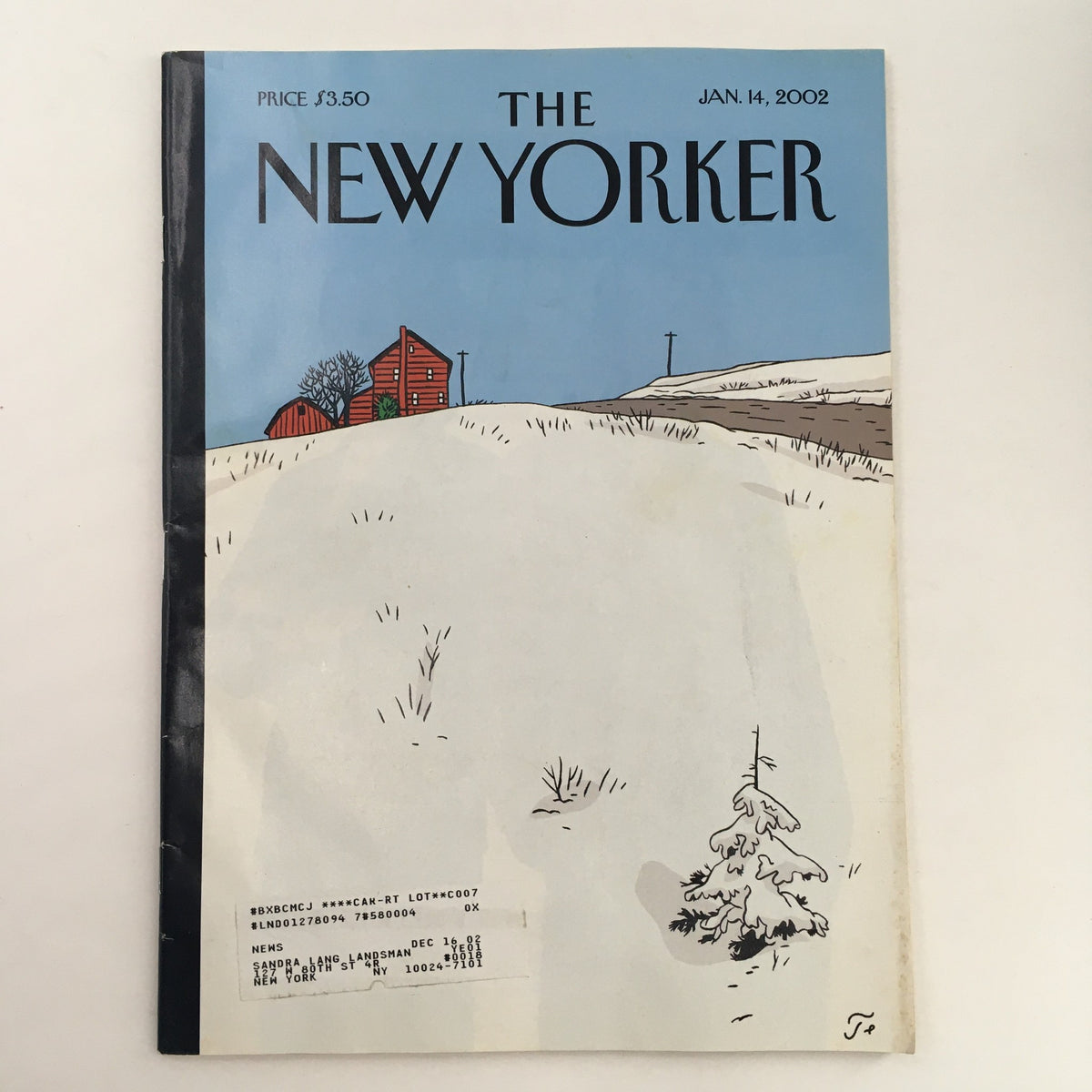 The New Yorker Full Magazine January 14 2002 cover featuring a snowy landscape with red barns, reflecting a serene winter scene.