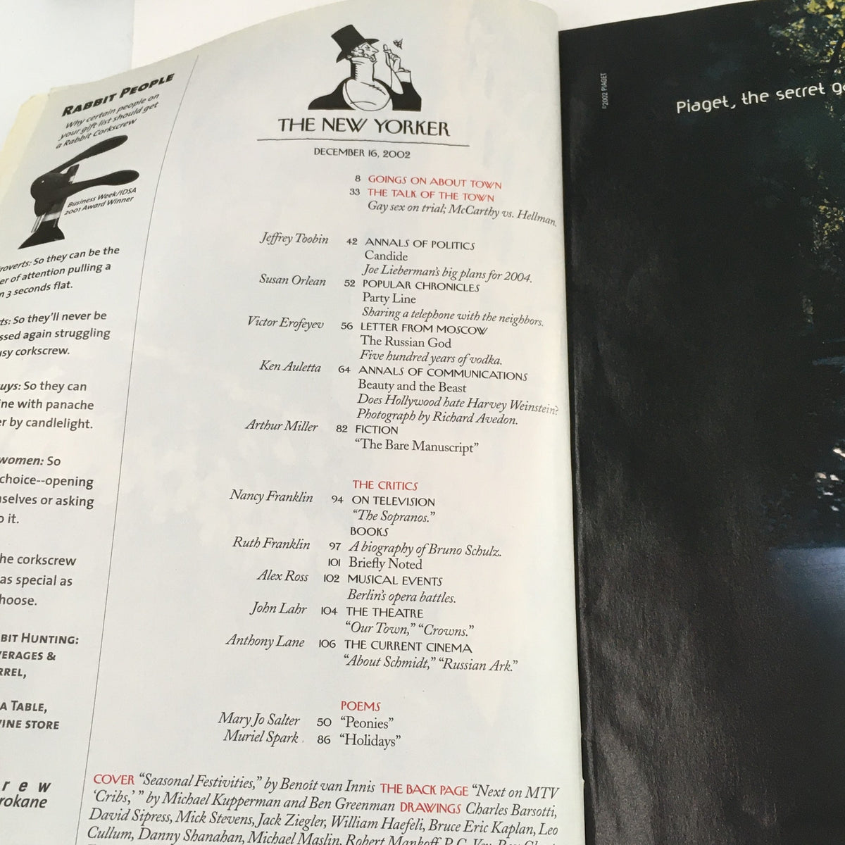 Inside page of The New Yorker Magazine December 16, 2002, showcasing the table of contents and featuring articles including commentary and poetry, reflecting the magazine's charm and festive themes.