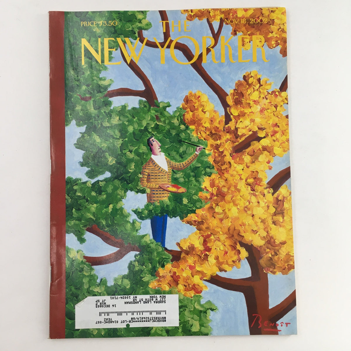 The New Yorker Full Magazine November 18 2002 cover featuring an autumn scene with colorful trees and a figure admiring the foliage, illustrated by Benoit van Innis.