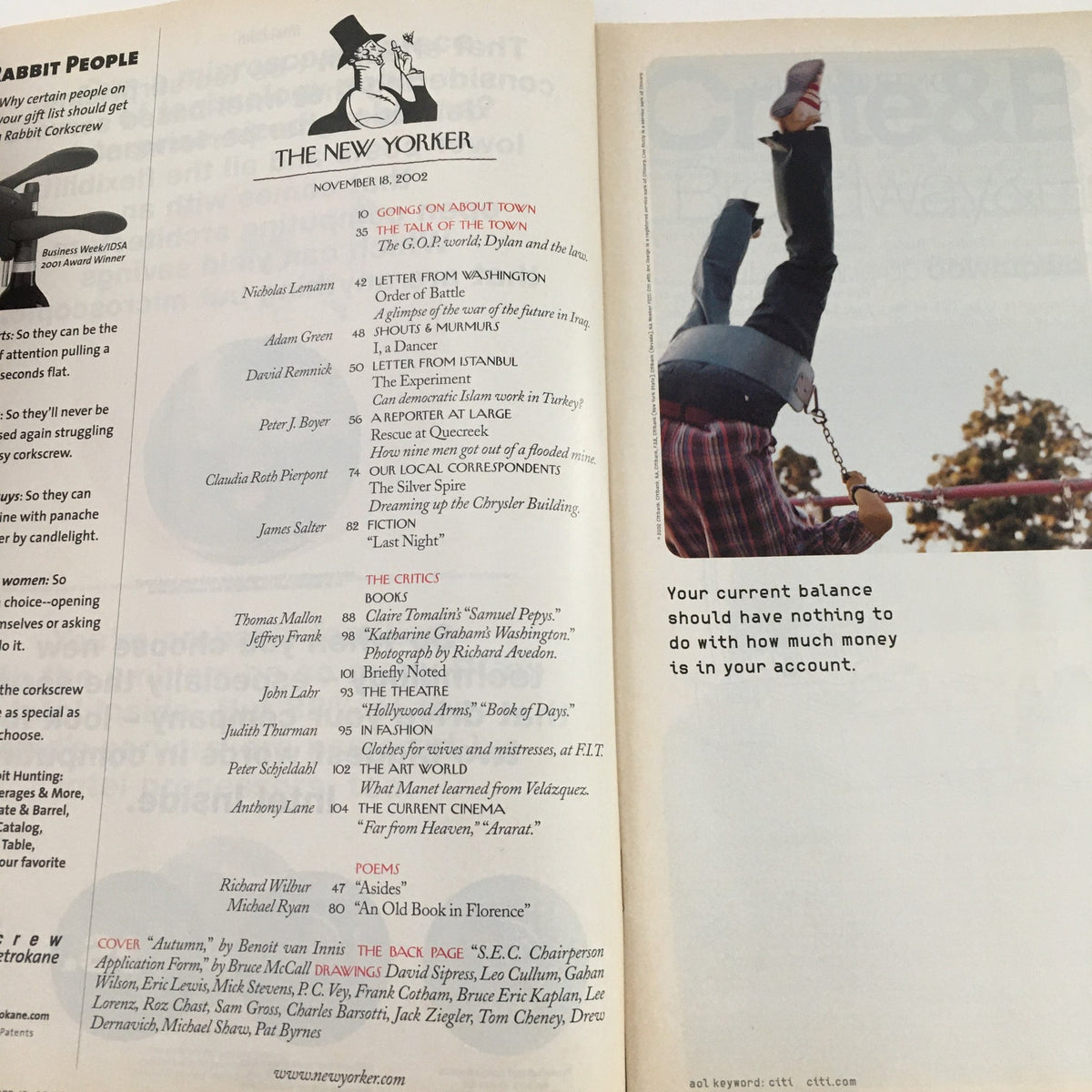 Interior page of The New Yorker Full Magazine November 18 2002 displaying article titles and features, showcasing its sophisticated layout and content.