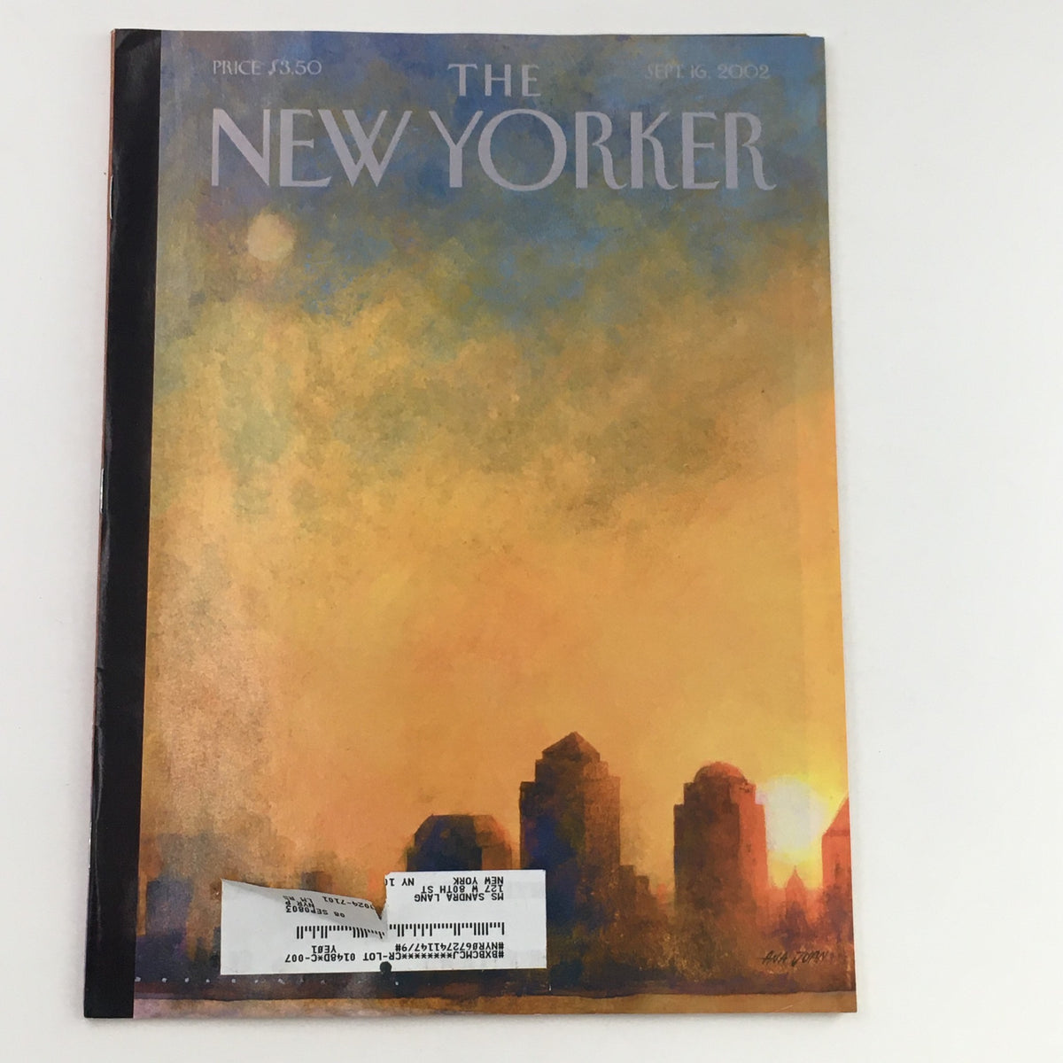 The New Yorker Magazine Cover - September 16, 2002 featuring the artwork 'Dawn Over Lower Manhattan' by Ana Juan, displaying a sunset skyline of New York City.