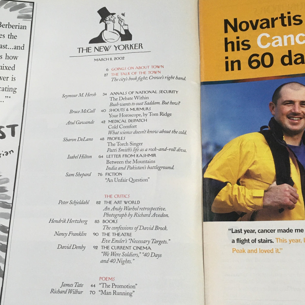 Inside page of The New Yorker Full Magazine March 11 2002, listing article titles and features from the issue, enhancing the magazine's cultural significance.