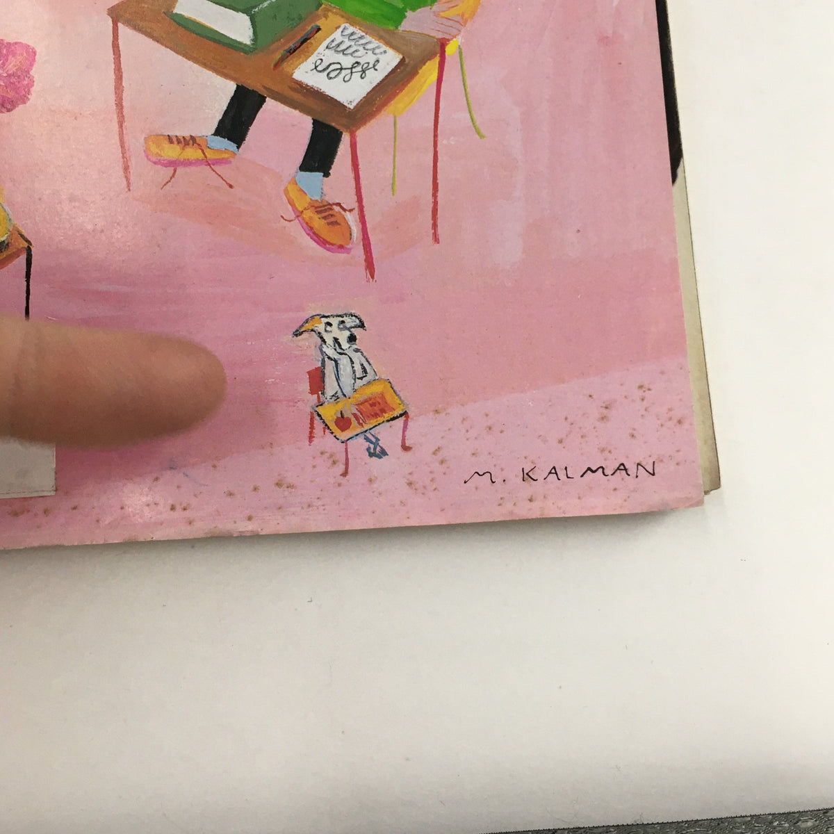 Illustration by Maira Kalman in The New Yorker Full Magazine September 2 2002, depicting a whimsical scene with a dog sitting on a chair in a classroom setting, showcasing vibrant colors and artistic charm.