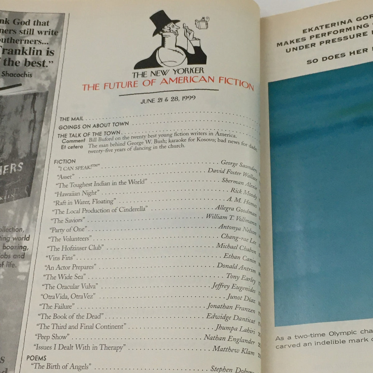 Interior page from The New Yorker Full Magazine June 21, 1999, displaying the contents section titled 'The Future of American Fiction'. The text lists various fiction pieces and notable authors featured in this issue.