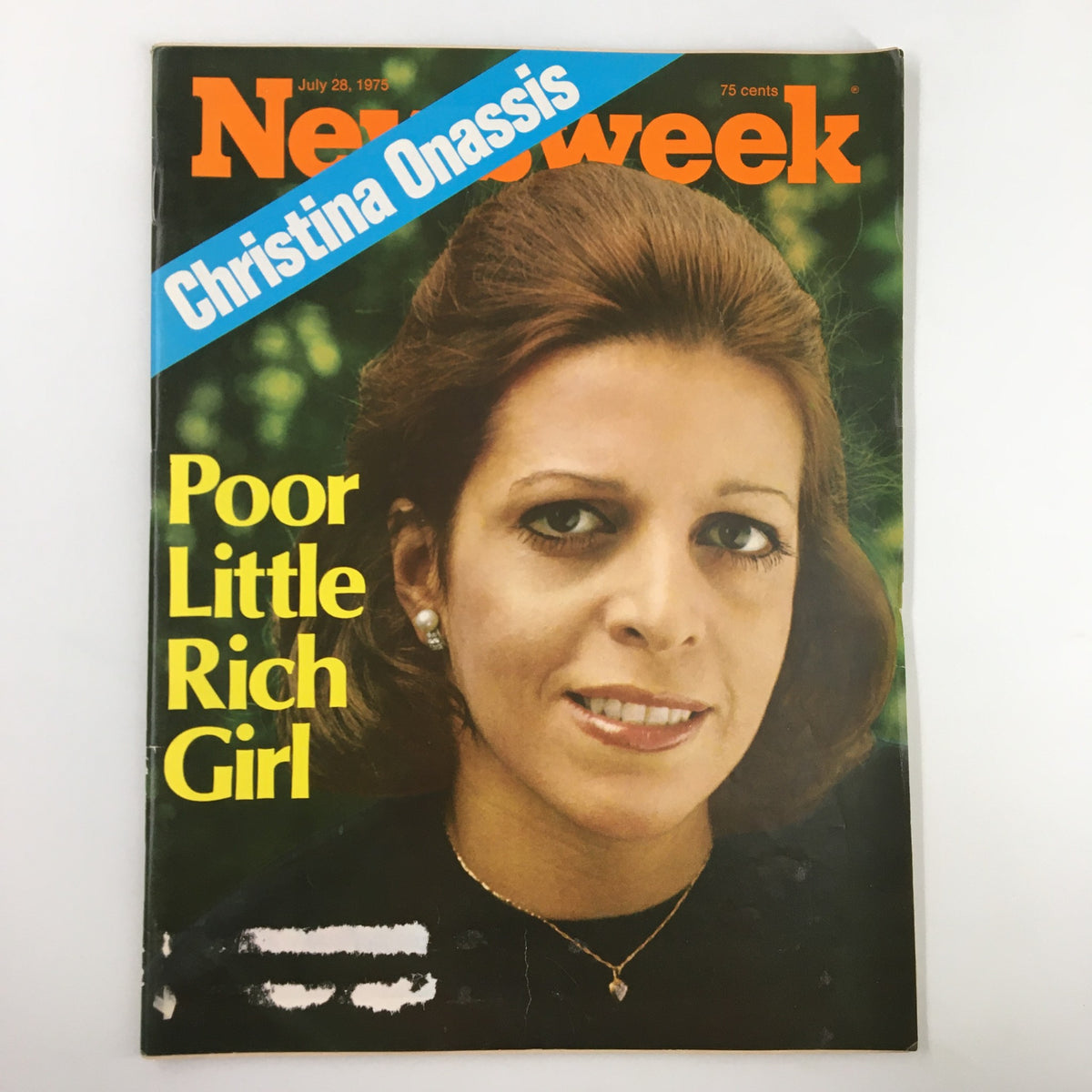 Vintage Newsweek magazine cover from July 28, 1975, featuring Christina Onassis with the title 'Poor Little Rich Girl.' The cover highlights her story and includes a teal banner with her name.