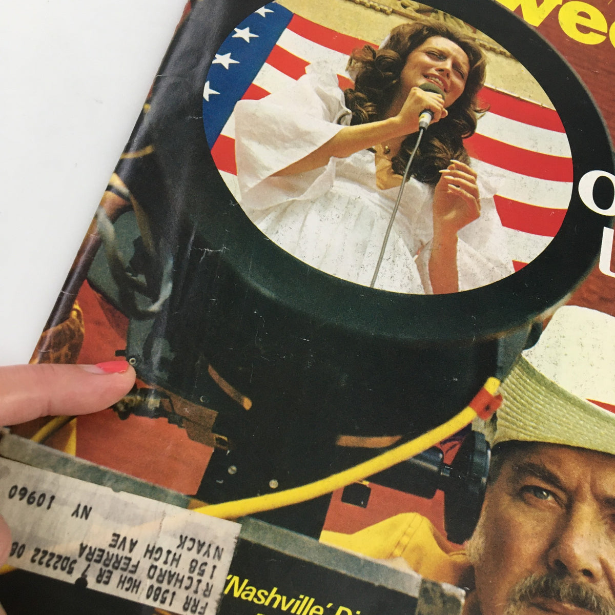 Close-up of the Vintage Newsweek Magazine cover from June 30, 1975, highlighting Robert Altman, Ronee Blakley, and a pointer on the magazine.