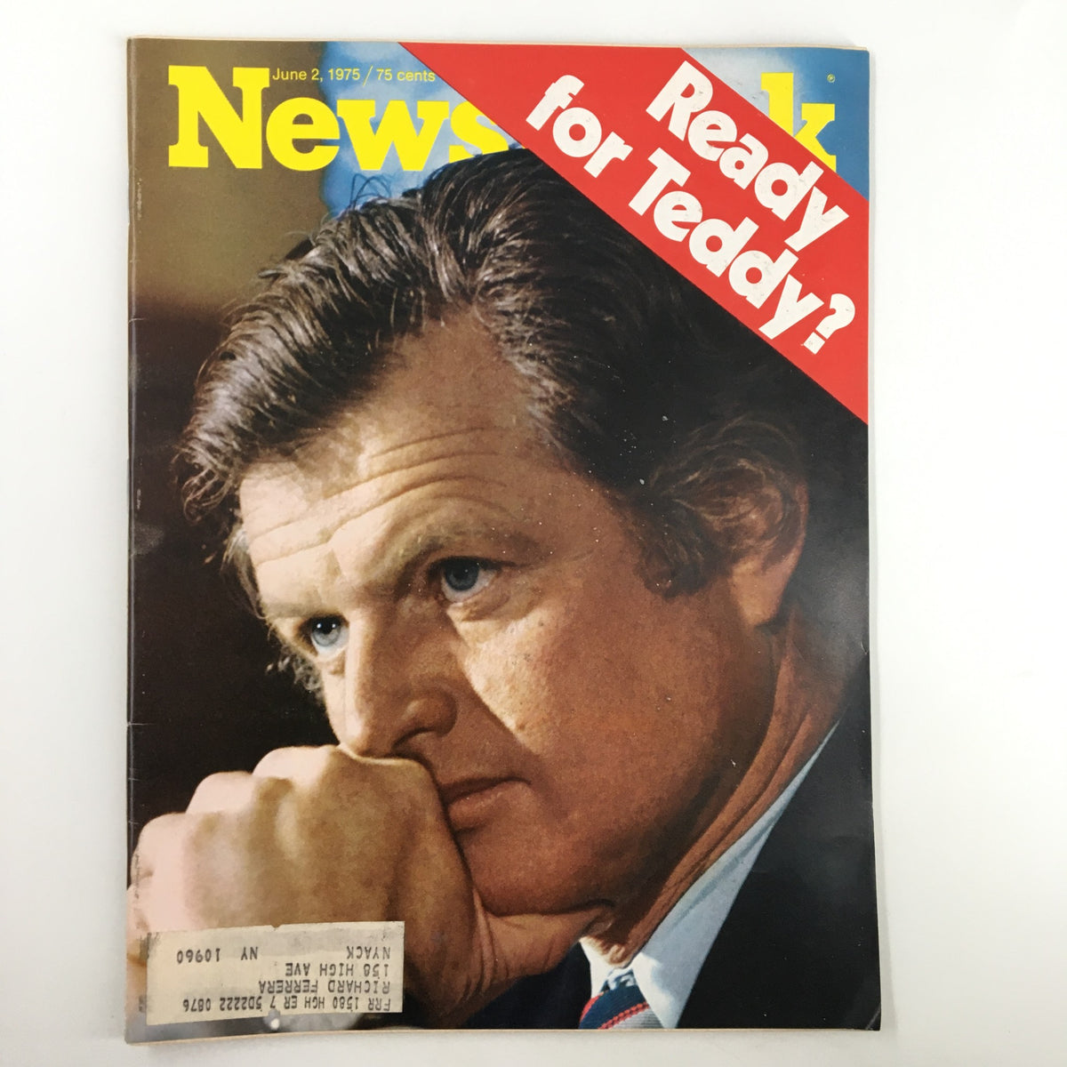 VTG Newsweek Magazine June 2 1975 cover featuring a thoughtful portrayal of a man with dark hair, highlighting the iconic cover story 'Ready for Teddy Kennedy'. This vintage magazine reflects a pivotal moment in American politics.