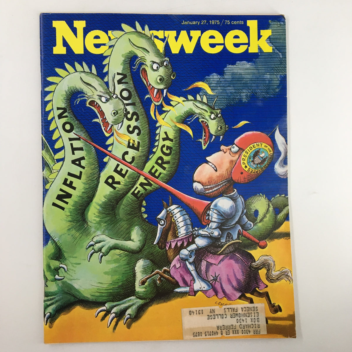 Cover of the VTG Newsweek Magazine from January 27, 1975, featuring an illustration with the words 'Inflation,' 'Recession,' and 'Energy' alongside a knight battling a dragon, symbolizing the economic challenges of the era.