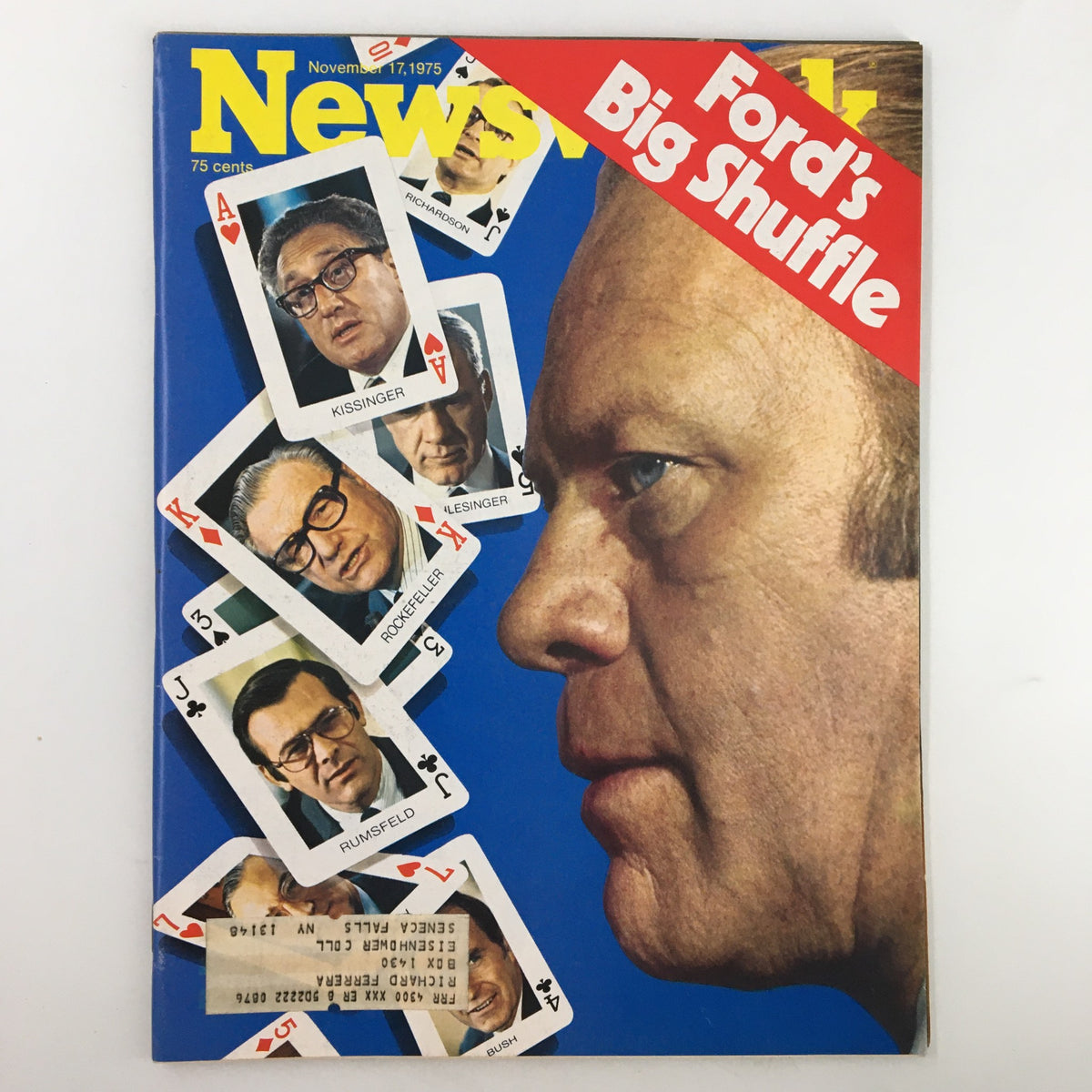 VTG Newsweek Magazine November 17, 1975 featuring Gerald Ford's Big Shuffle, showcasing the prominent faces of political figures alongside playing cards, capturing a significant moment in American history.