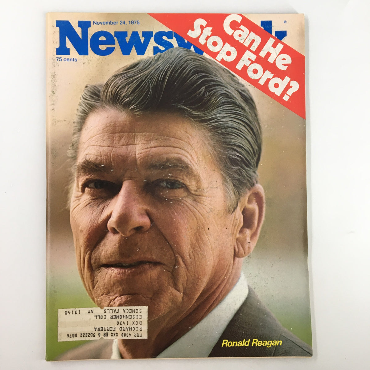 VTG Newsweek Magazine cover from November 24, 1975, featuring a close-up image of Ronald Reagan with the headline 'Can He Stop Ford?' showcasing political themes from the 1970s.