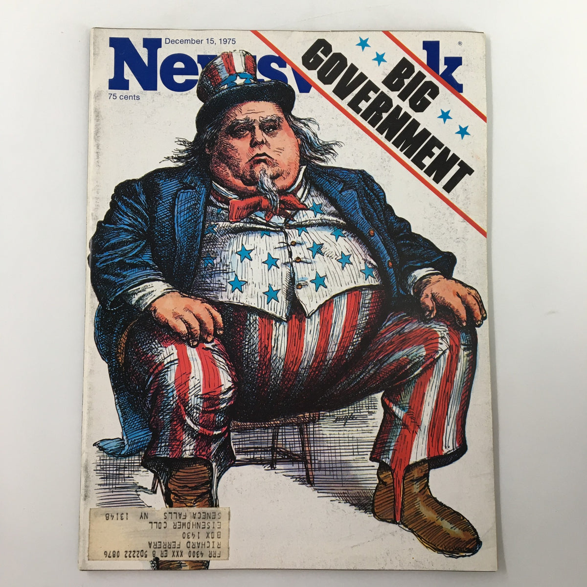 VTG Newsweek Magazine from December 15, 1975 featuring a cartoon depiction of a large, Uncle Sam-like character, emphasizing the theme 'Big Government' on the cover, ideal for collectors and history enthusiasts.