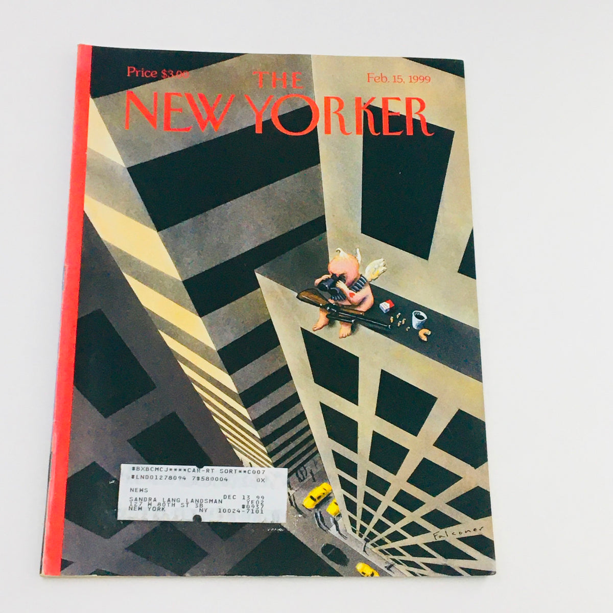The New Yorker Full Magazine February 15 1999 featuring the cover illustration 'Heart Attack' by Ian Falconer, showcasing a whimsical character perched on a skyscraper with a colorful background.