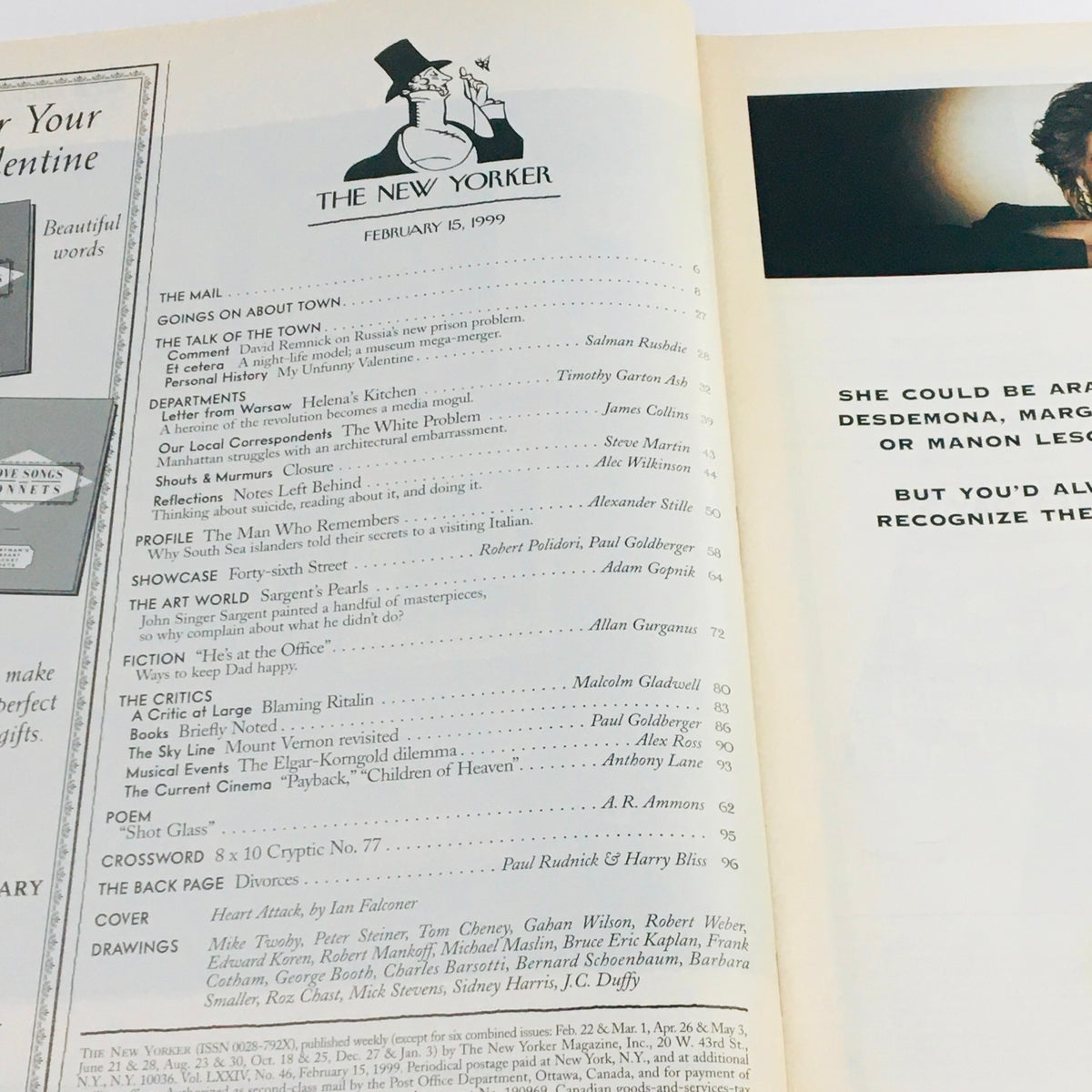 Interior page of The New Yorker Full Magazine February 15 1999, displaying the table of contents and magazine details, highlighting various articles and features from the issue.