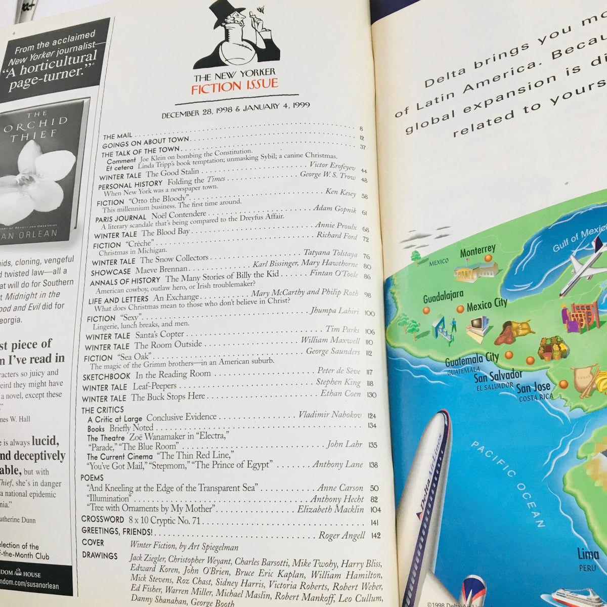 The New Yorker December 28 1998 Full Magazine interior page showcasing the table of contents including articles and the Fiction Issue theme, emphasizing literary content.