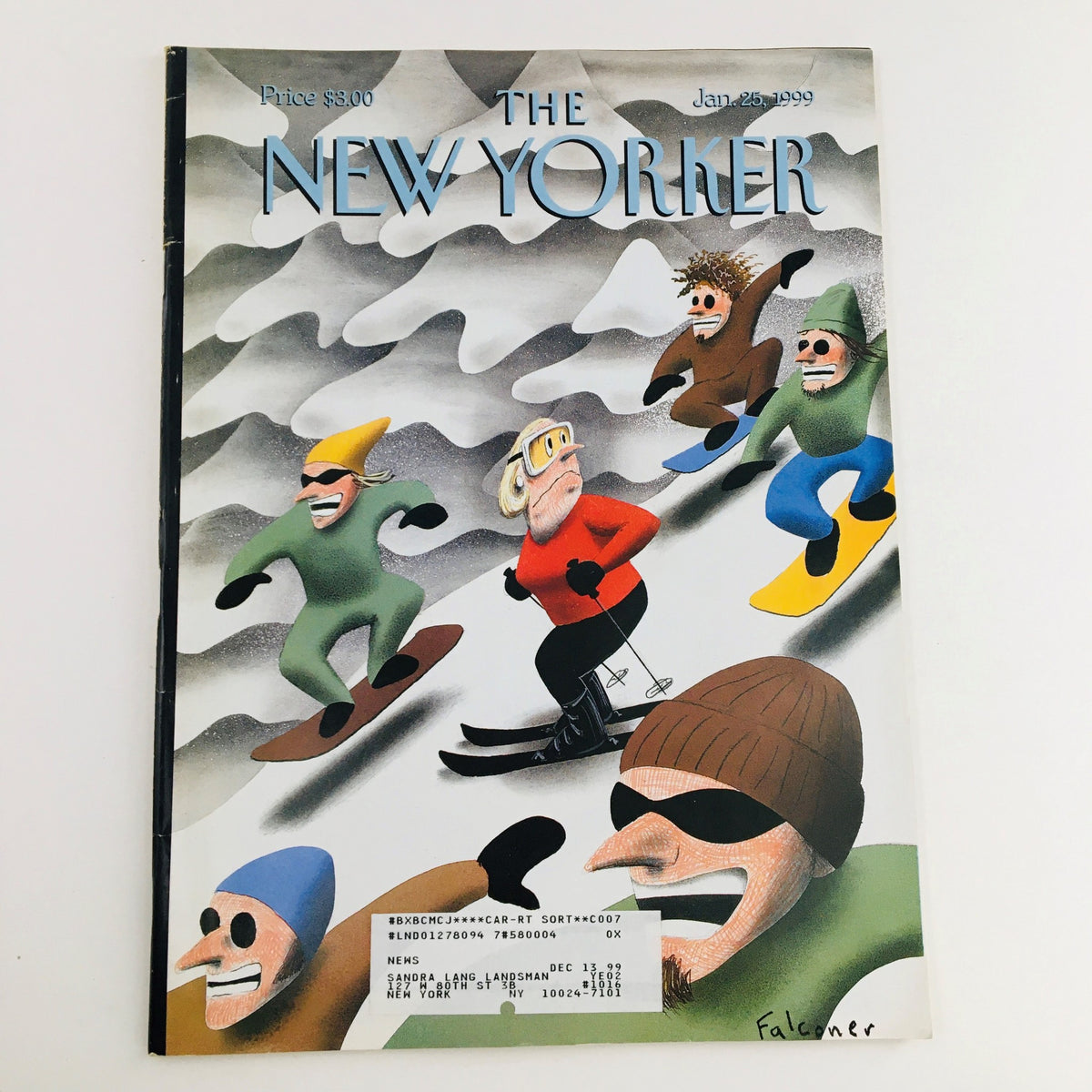 The New Yorker January 25 1999 Full Magazine Theme Cover by Ian Falconer featuring a colorful illustration of skiers and snowboarders in a winter landscape. This vintage magazine cover showcases Ian Falconer's whimsical artistry, capturing the essence of the late 1990s. Perfect for collectors of vintage magazines.