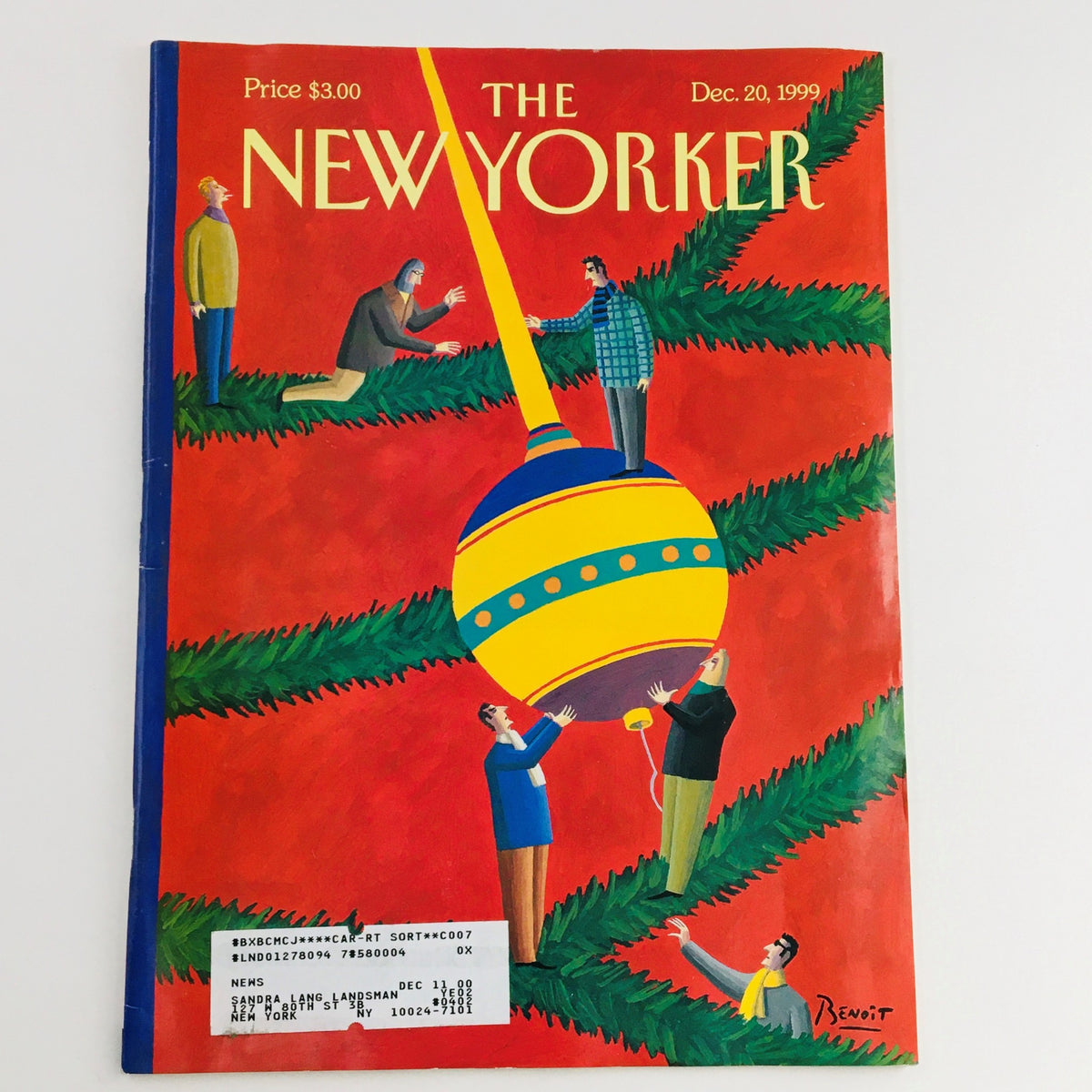 Cover of The New Yorker Full Magazine December 20 1999 featuring vibrant artwork by Benoit van Innis, depicting characters decorating a Christmas tree ornament.