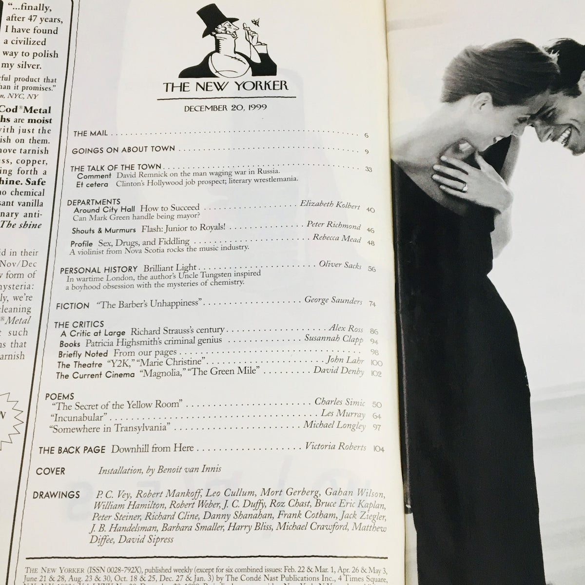 Table of contents from The New Yorker Full Magazine December 20 1999, showcasing articles, contributors, and the magazine's unique installation by Benoit van Innis.