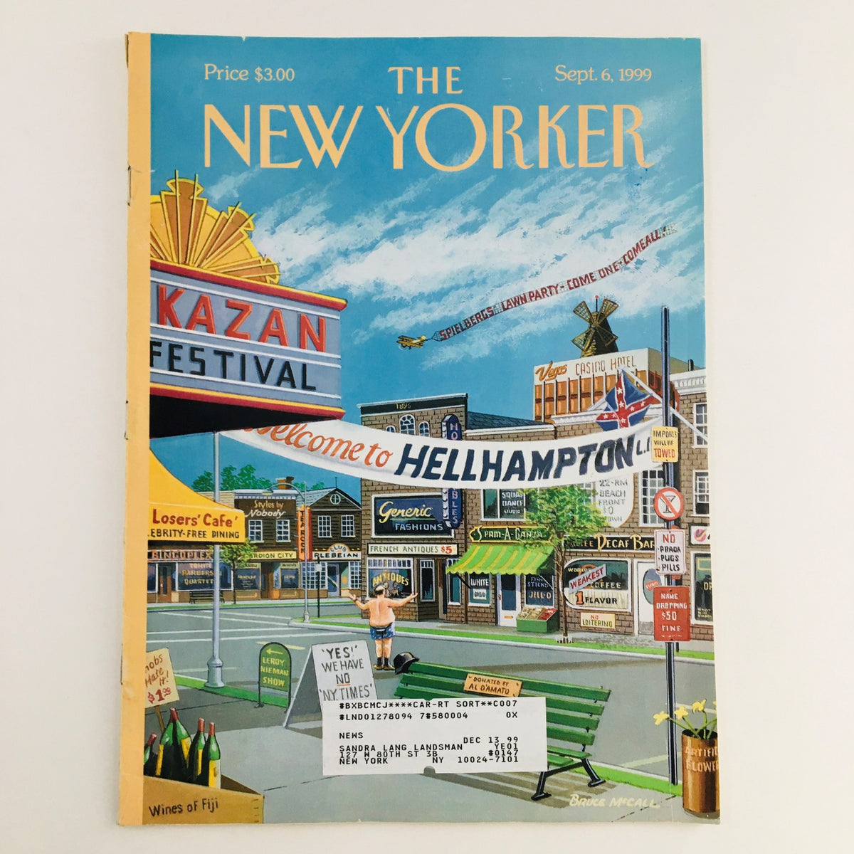The New Yorker September 6, 1999 issue cover featuring artwork by Bruce McCall, showcasing a whimsical scene with the title 'Welcome to Hellhampton' and vibrant colors.