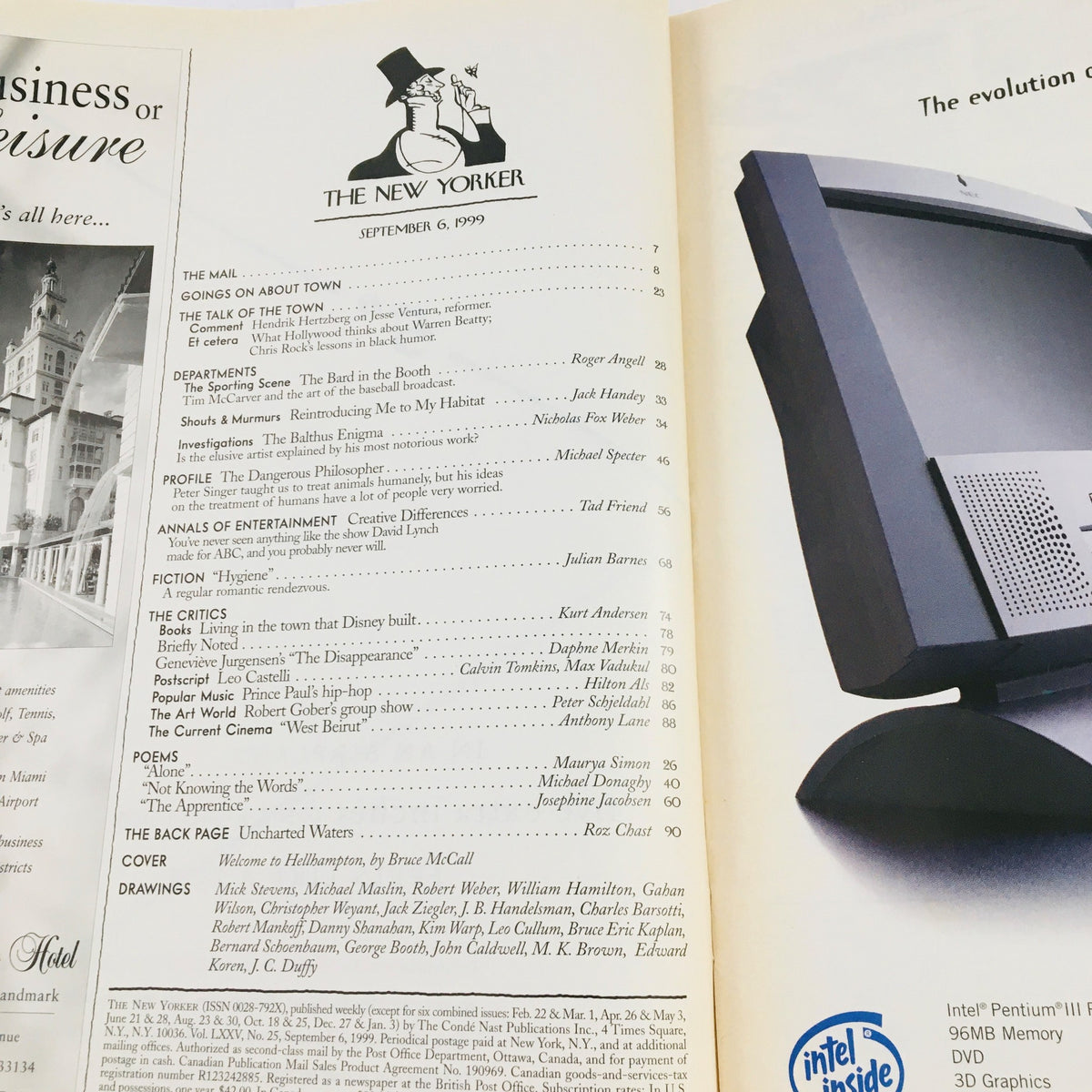 Interior page of The New Yorker September 6, 1999 magazine displaying the table of contents, highlighting various articles and features of this special edition.