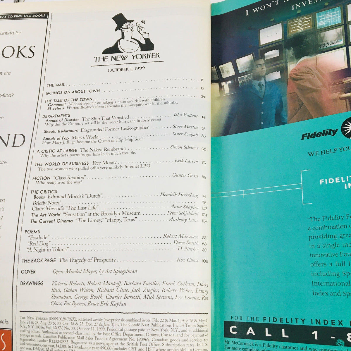 Interior page of The New Yorker magazine, dated October 11, 1999, displaying the table of contents and feature articles, reflecting the magazine's blend of journalism and culture.