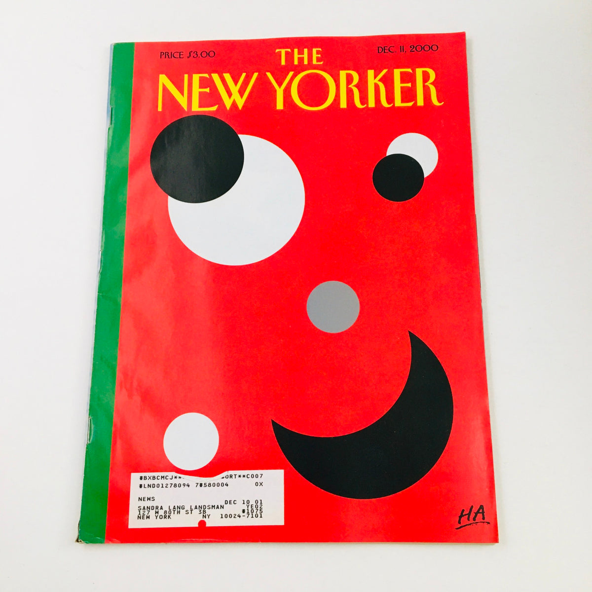 Cover of The New Yorker Full Magazine December 11, 2000 featuring the artwork 'Smile' by Bob Zoell, characterized by a vibrant red background with abstract black and white shapes, and the title prominently displayed.