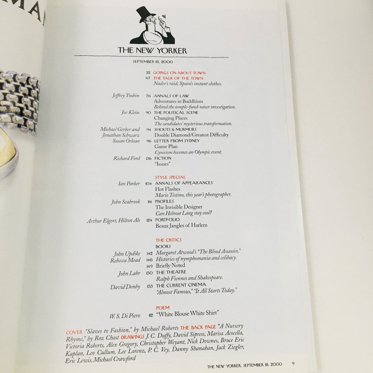 The New Yorker September 18 2000 interior page listing the contents, including articles and features from that issue.