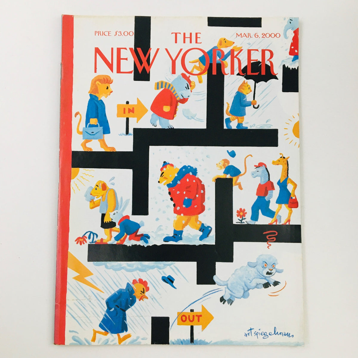 Cover of The New Yorker magazine, March 6, 2000, featuring 'Out Like A Lamb' illustration by Art Spiegelman, showcasing whimsical, colorful characters amidst a stormy backdrop.