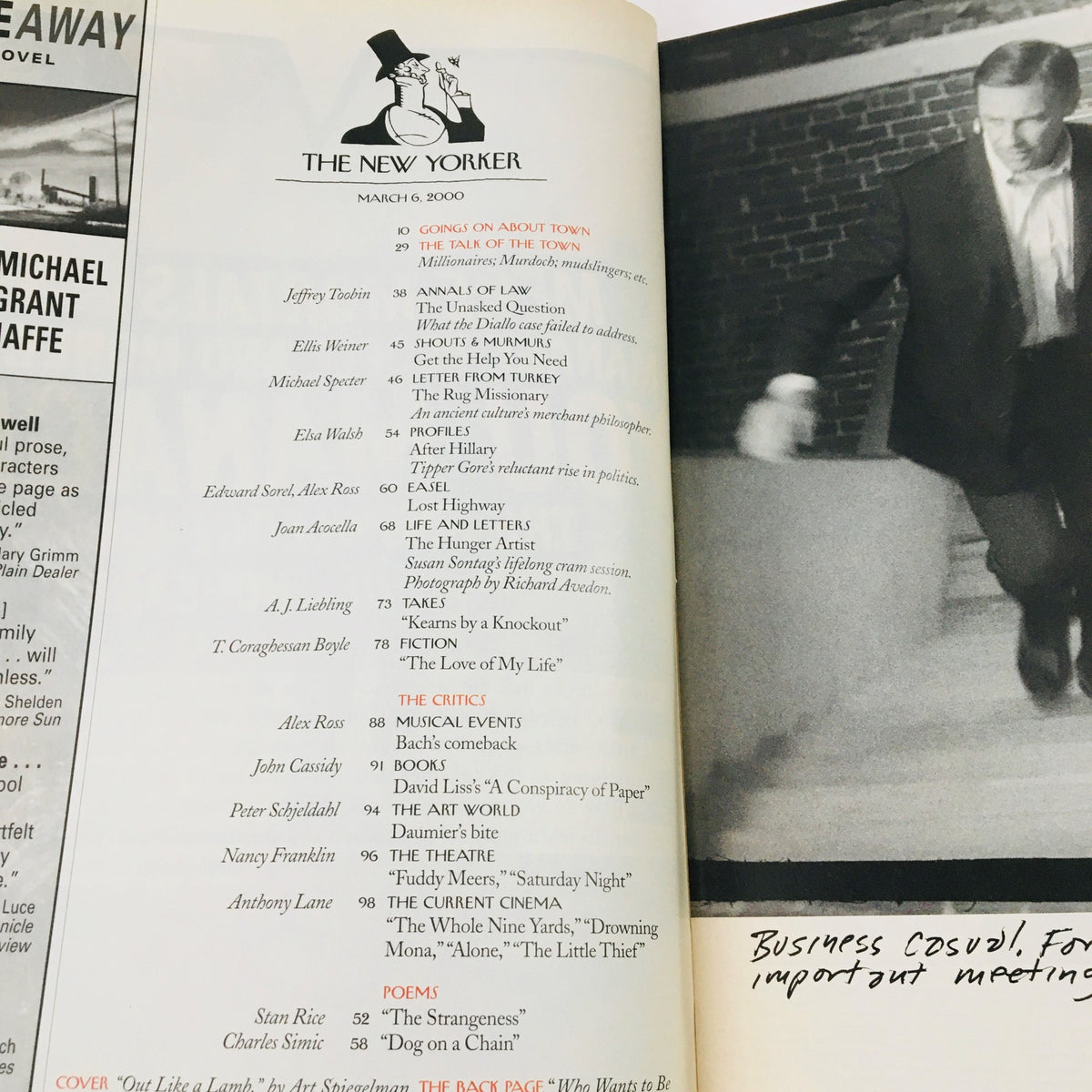 Interior page from The New Yorker Full Magazine March 6, 2000, including the table of contents and article listings, reflecting the publication's insightful commentary and literary richness.