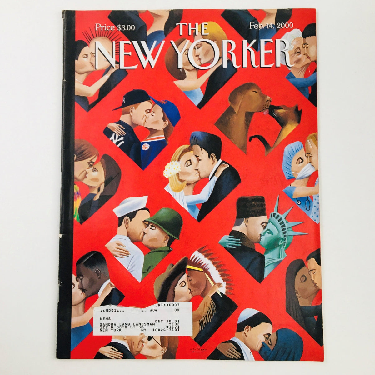 The New Yorker Full Magazine February 14 2000 cover featuring a vibrant Valentine-themed illustration by Mark Ulriksen, showcasing couples kissing against a red background.