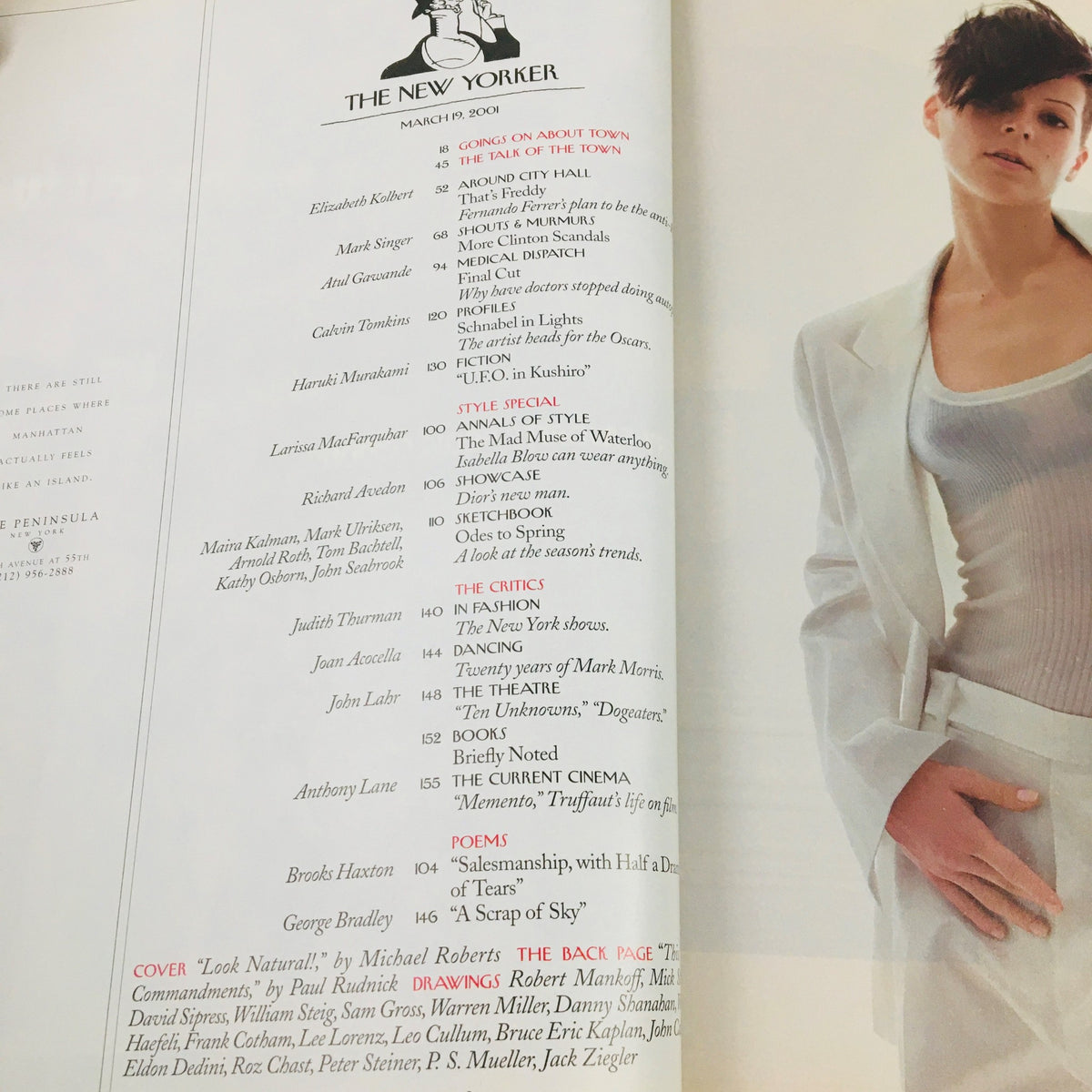 Interior page of The New Yorker Magazine March 19 2001 displaying the table of contents and notable contributions, including 'Look Natural' by Michael Roberts.