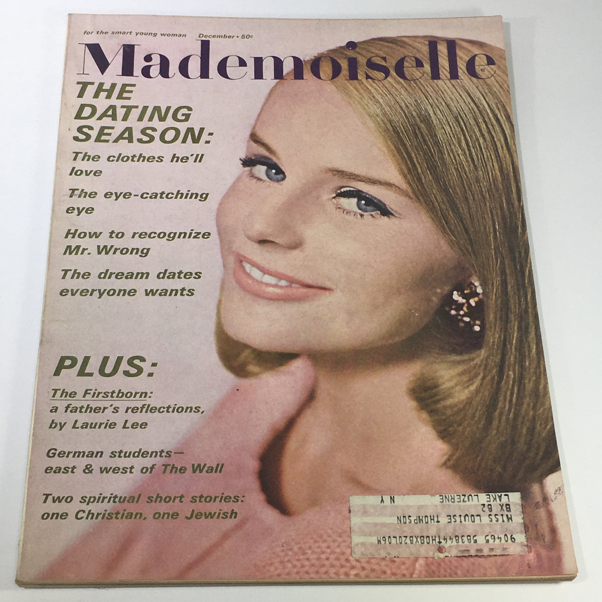 VTG Mademoiselle Magazine: December 1964 cover featuring a stylish young woman with blonde hair, showcasing articles on dating season, fashion, and guidance on relationships, reflecting 1960s style and culture.