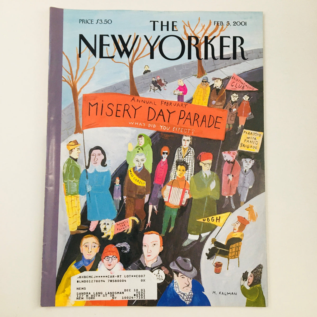 Cover of The New Yorker magazine, February 5, 2001, featuring the illustration titled "Misery Day Parade" by Maira Kalman, showcasing a vibrant depiction of people in a parade setting.