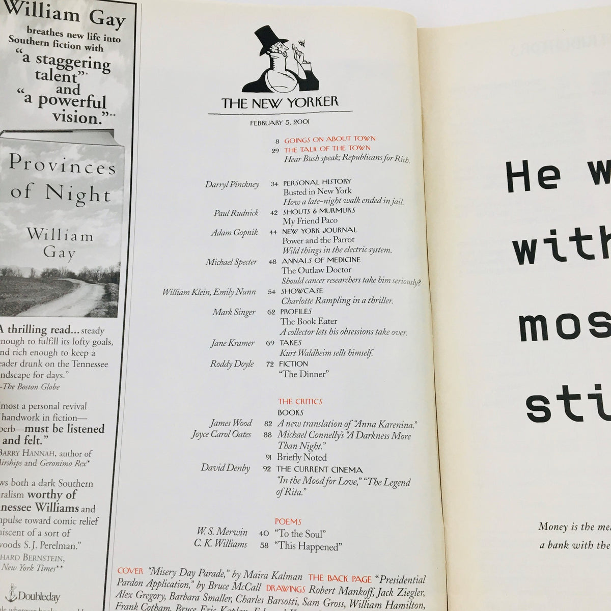 Inside page of The New Yorker magazine, February 5, 2001, containing the table of contents, highlighting various articles and contributors, including a reference to Maira Kalman's work.