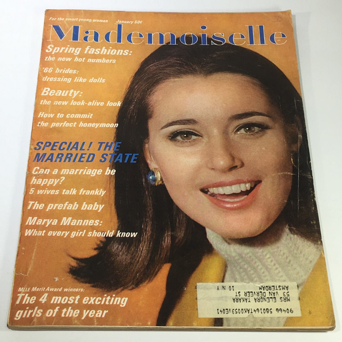 Vintage Mademoiselle Magazine cover from January 1966 featuring articles on Spring fashions, beauty tips, and a special feature on marriage. It highlights Marya Mannes and showcases a smiling model with elegant styling, capturing the essence of 1960s fashion.