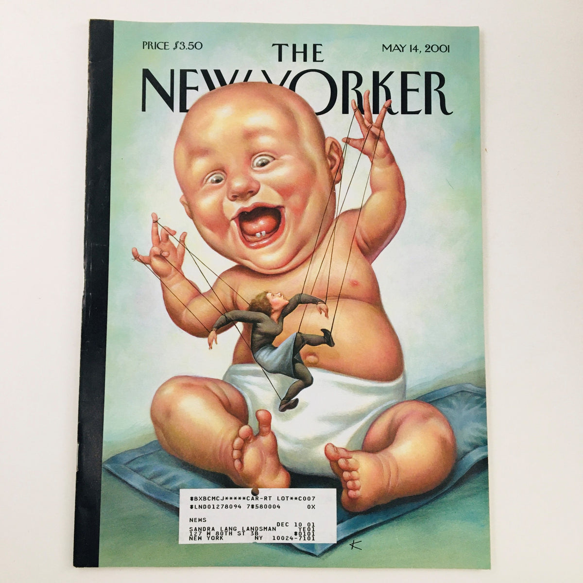 Cover of The New Yorker Full Magazine May 14 2001 featuring the striking 'Puppetmaster' illustration by Anita Kunz, depicting a large baby controlling a puppet in a playful yet thought-provoking manner.
