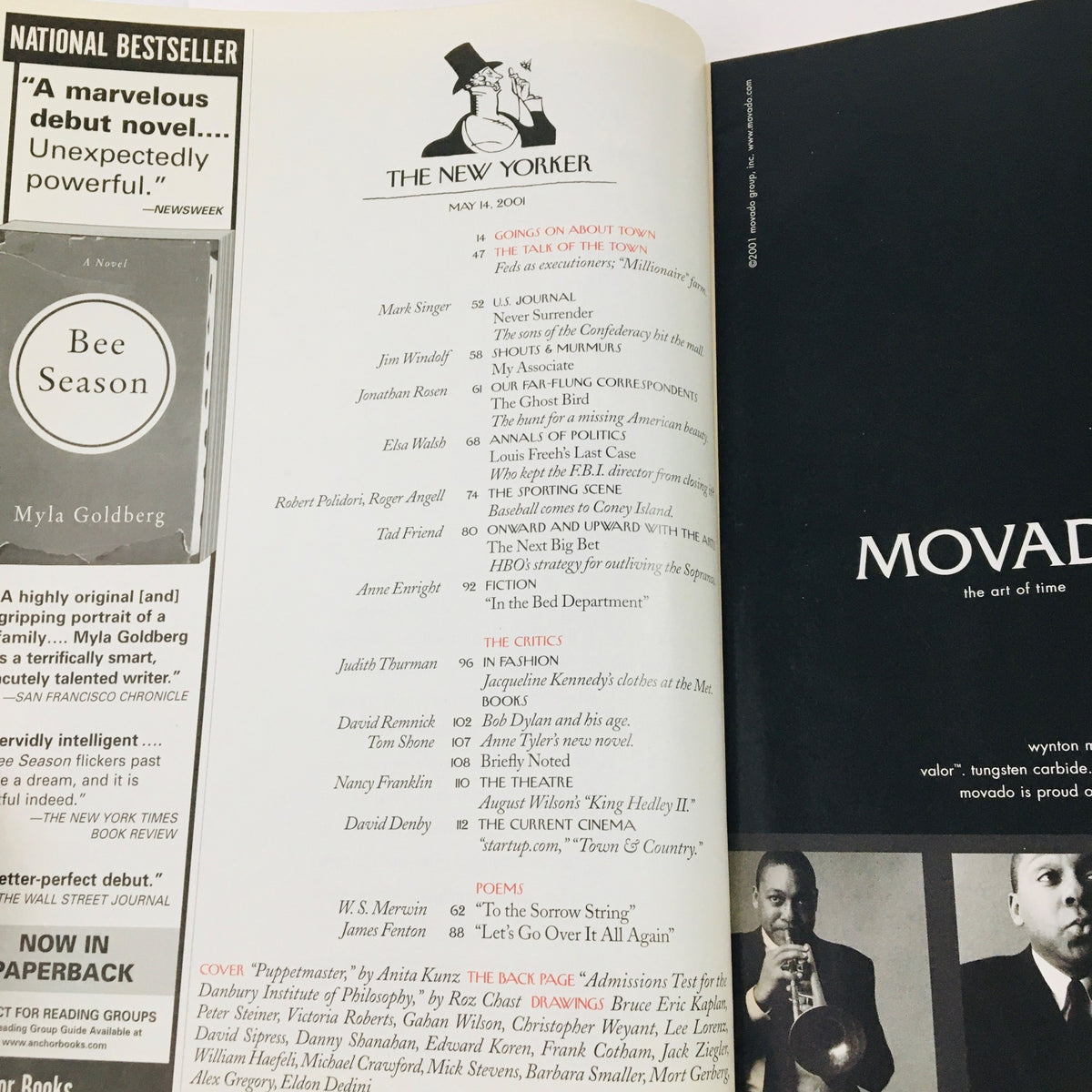 Inside page from The New Yorker Full Magazine May 14 2001, showcasing the contents including notable articles and authors for this issue, emphasizing the mix of fiction, essays, and satire.