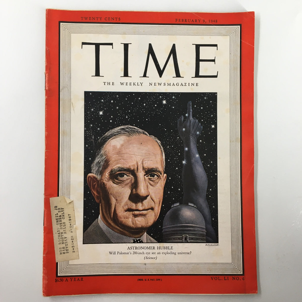 VTG Time Magazine February 9 1948 featuring astronomer Edwin Hubble on the cover, showcasing a portrait of Hubble with a background of stars and telescopes, highlighting his contributions to science.