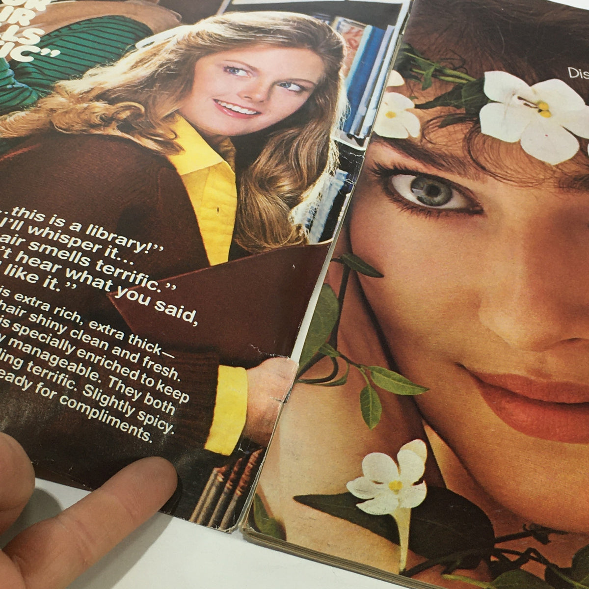 Inside spread of the August 1982 Vintage Teen Magazine with a model in a library setting and references to hair care.