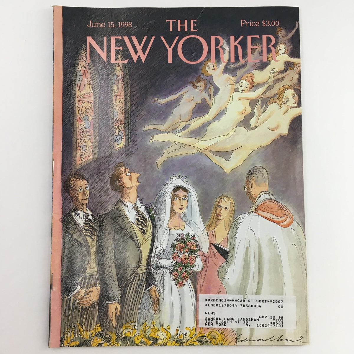 The New Yorker June 15 1998 Full Magazine Theme Cover by Edward Sorel featuring a wedding scene with a bride and groom surrounded by angels, showcasing unique artistic style and cultural commentary of the late 1990s.
