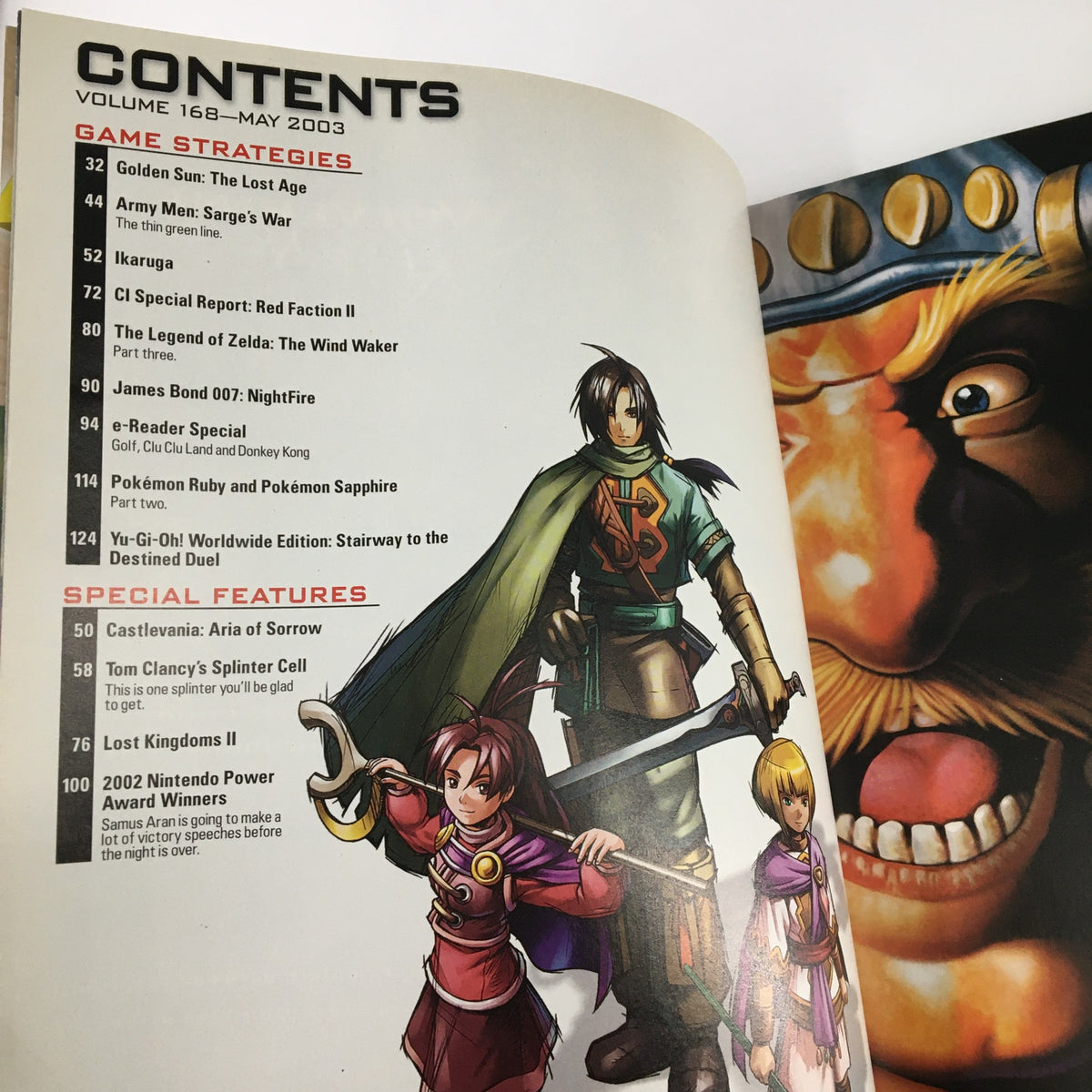 Contents page of Nintendo Power Magazine Vol 168 May 2003, displaying game strategies, features including Golden Sun: The Lost Age, and various gaming titles.
