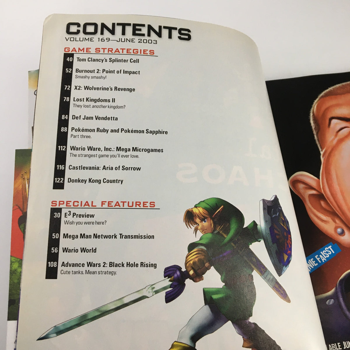 Table of contents from Nintendo Power Magazine Vol 169 June 2003, featuring game strategies and special features including Soul Calibur II.